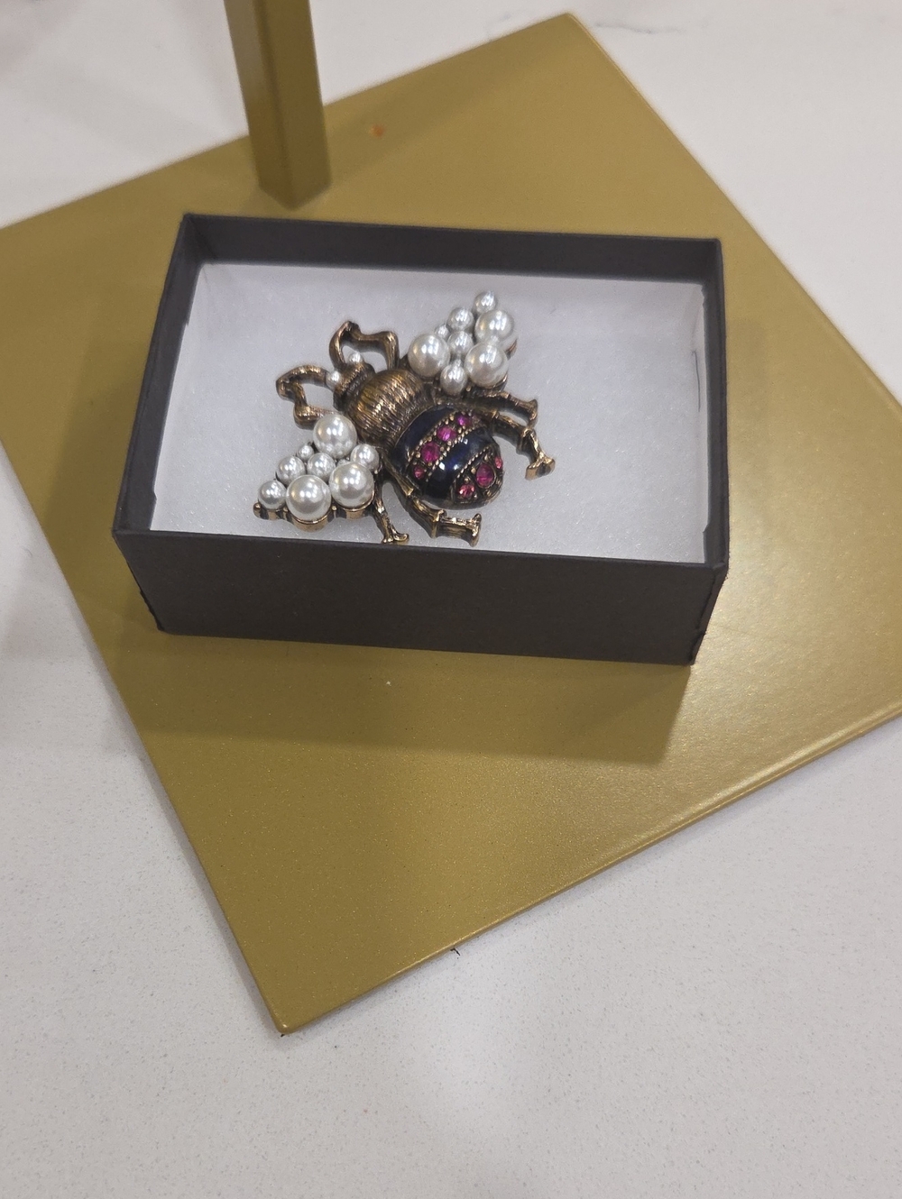 Pearl & Rhinestone Bee Brooch in Antique Gold